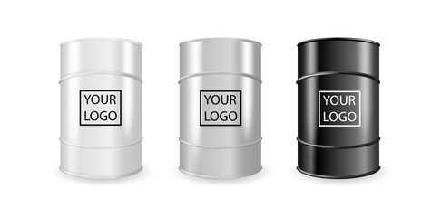 Realistic White, Steel and Black Metal Oil, Fuel, Gasoline Barrel Set Isolated. Design Template of Packaging for Mockup. Vector