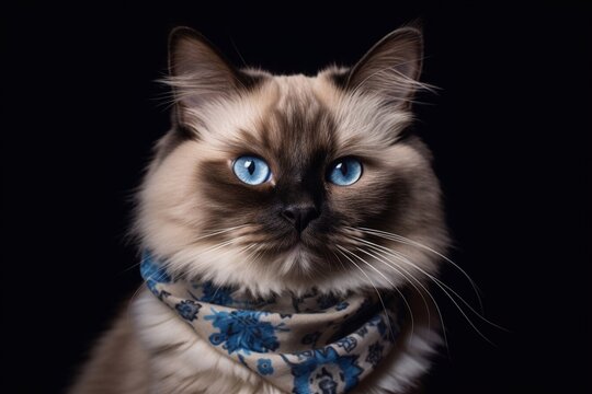 Scary portrait of Ragdoll cat while wearing scarf on dark background. Generative AI 