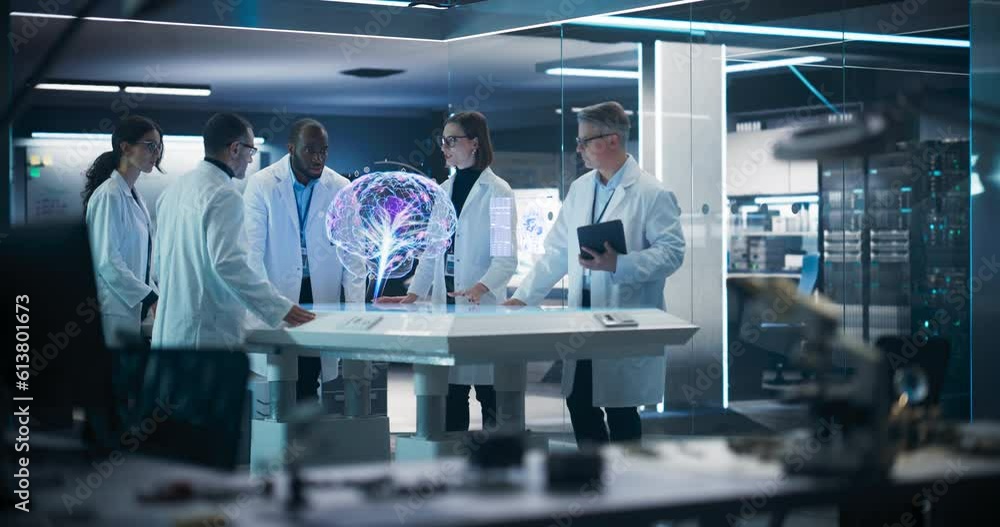 Poster Diverse Group Of Neuroscientists Having A Meeting Around Futuristic Computer Hologram Animation Of Human Brain In Laboratory. Researchers Controlling AI Powered VFX Projection With Gestures. High-Tech