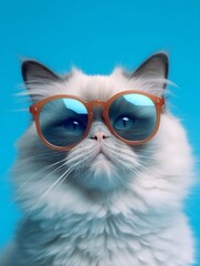 Cool portrait of cute Ragdoll cat using eyeglasses on blue background. Generative AI
