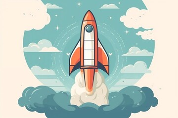 Minimalist Banner with Rocket Ship Taking Off. Generative AI