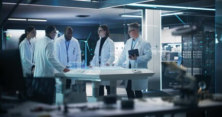 Diverse Team of Industrial Engineers Using Futuristic Animated Hologram of Wind Turbine Prototype In Computer Powered Laboratory. Multiethnic Colleagues Controlling VFX Projection With Gestures. - Powered by Adobe