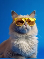 Cool portrait of cute Ragdoll cat using yellow glasses on blue background. Generative AI