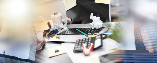 Messy and cluttered desk; multiple exposure