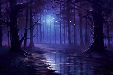 Digitally Rendered Mystical Forest Scene at Night. Generative AI
