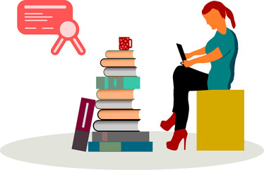 Weibliche junge Figur mit Laptop und Bücherstapel - Schreiben, lernen, lesen  - obrazy, fototapety, plakaty