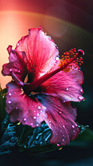 hibiscus flower with water dropsneon glow background ,red hibiscus flower