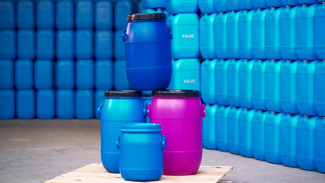 Chemical Plant, Plastic Storage Drums, Big Blue Barrels, Plastic Canisters.