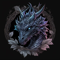 Stone dragon head on black background. Generative AI Illistration of ancient black rock dragon on black background. Dragon background.