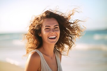 A happy woman on a beach vacation, smiling broadly with joy and gratitude, embodying happiness by the serene ocean.  Generative Ai