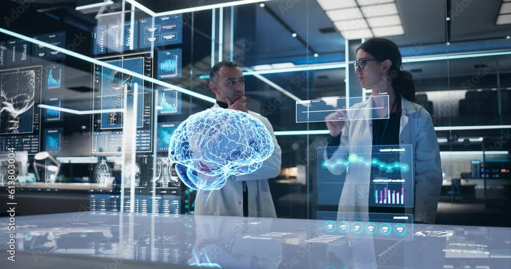 Poster Two Neuroscientists Working With Computer-Powered Animated VFX Hologram Of Human Brain And Nervous System In Futuristic Laboratory. Multiethnic Man And Woman Working On Solutions for Brain Tumor.