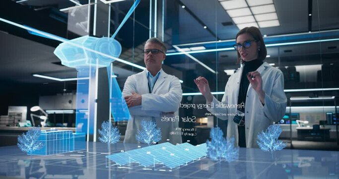 Male And Female Renewable Energy Engineers Using Futuristic Animated Hologram of Wind Turbine Prototype In Computer Powered Laboratory. Caucasian Colleagues Controlling VFX Projection With Gestures.