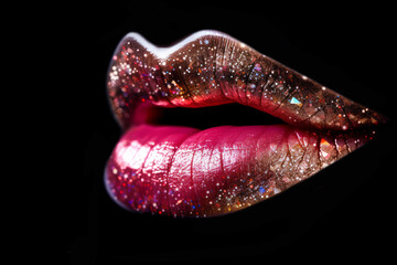 Woman mouth with colorful glitter lips on black background. Female lips with red glitter lips stick. Generative AI.