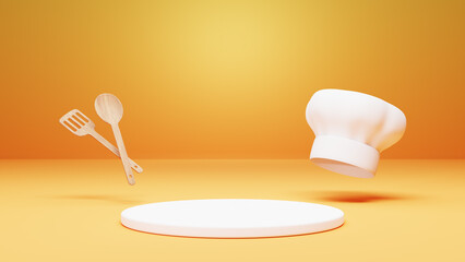 Podium for product showcase with chef hat, spatula and ladle. 3d render. 3d illustration.