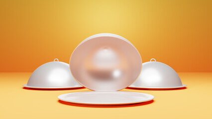 Podium for product showcase with cloche and tray. 3d render. 3d illustration.