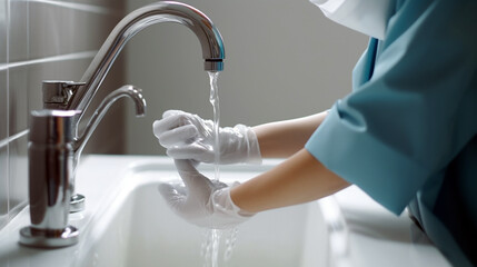 doctor washes gloves with soap in the sink in the hospital. Generative Ai. 