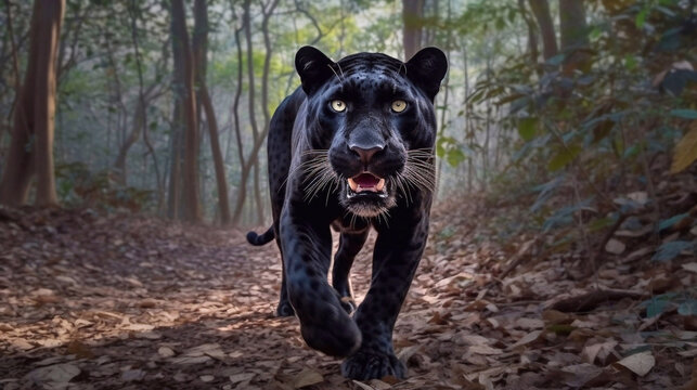 Black panther (Panthera leo) walking in autumn forest. AI Generative Image
