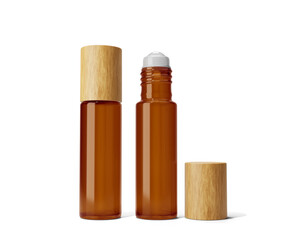 Clear Brown Roll On Glass Bottle isolated on transparent background, prepared for mockup, 3D render.
