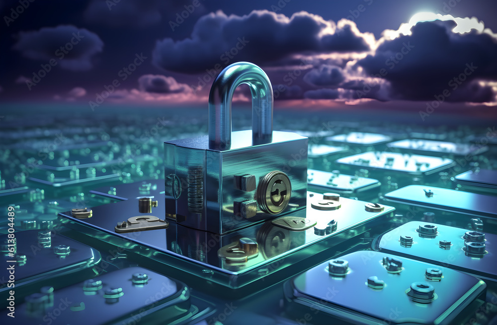 Poster metalic lock and key on the digital cloud with security concept, generative ai
