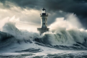 Naklejka na ściany i meble Stormy Seas and the Mighty Lighthouse. Generative AI