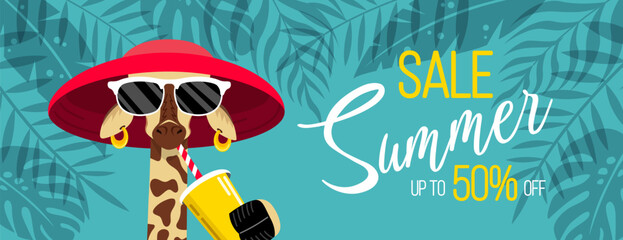 Vector horizontal discount summer bright banner with a giraffe in a hat and sunglasses drinking a drink on a blue background. Sale concept. Summer image.