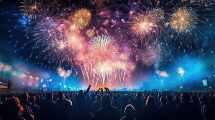 Photo of a colorful fireworks display lighting up the night sky while a group of people watch in awe - obrazy, fototapety, plakaty