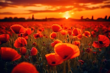 Fototapeta na wymiar field of red poppies in the sunset light. AI Generative