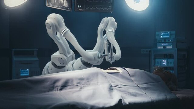 Futuristic Hospital: Surgery Patient Laying On Surgical Table While Robot Arms Performing High-Precision Nanosurgery. Automated And Programmable Robotic Limbs Working On Heart Transplant On Person.