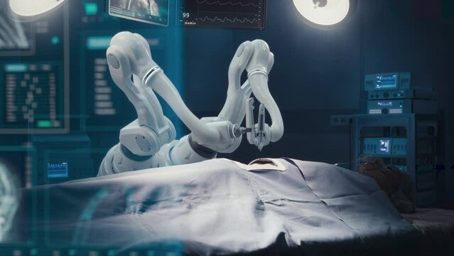 Futuristic Hospital: Heart Transplant Surgery Patient Laying On Surgical Table While Robot Arms Performing Nanosurgery. Automated Robotic Limbs Operating Person, VFX Holographic Display Showing Vitals