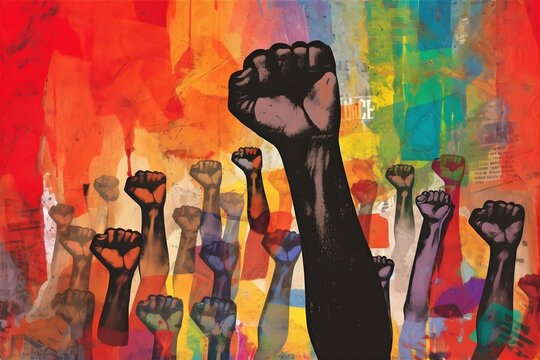 A conceptual artwork representing the struggle for social justice, in the style of Textured Abstract. Generative AI