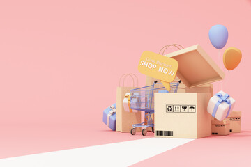 shopping sale promotion banner. shopping cart, balloon and gift box with shopping bag. Concept of great discount, suitable for black friday and anniversary on pastel background. 3d rendering