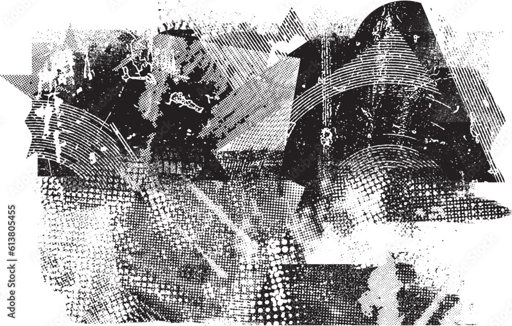 Poster Glitch distorted grunge layer  . Noise destroyed texture . Trendy defect error shapes . Overlay grunge texture . Distressed effect .Vector shapes with a halftone dots screen print texture.