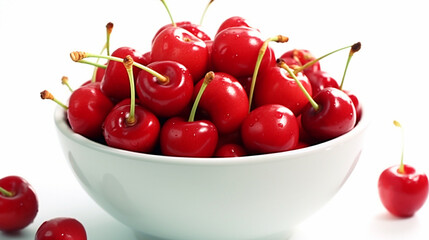 Bowl of Cherries on white background. Generative AI	