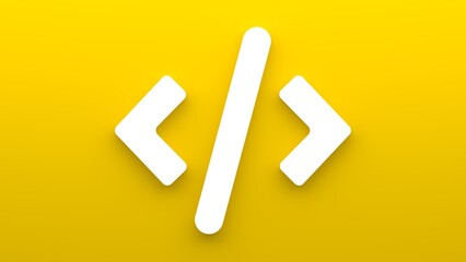 Minimalistic program code icon and quotation marks. 3d rendering of a flat icon on a yellow background. - 613805697