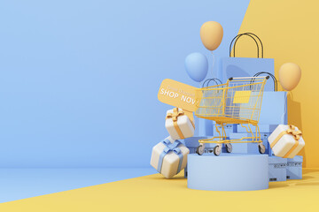 shopping sale promotion banner. shopping cart, balloon and gift box with shopping bag. Concept of great discount, suitable for black friday and anniversary on pastel background. 3d rendering - 613806048