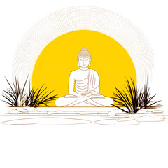 White Buddha statue Graphic Illustration on white background. Buddha imageand and rising sun on background. Generative ai.