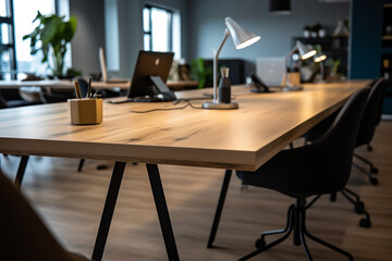 an office with wood desks and glass walls, in the style of high detailed, grey academia, wood, photo-realistic landscapes, vintage minimalism, light silver and light brown 