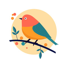 Illustration of a colored small bird perched on a tree limb with brightly colored leaves and flowers. vector illustration art