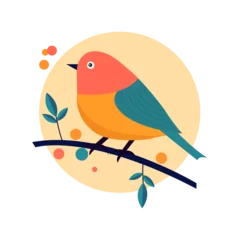 Foto op Canvas Illustration of a colored small bird perched on a tree limb with brightly colored leaves and flowers. vector illustration art © BlackMirageArt