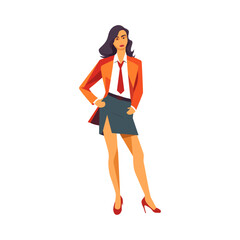 An office girl in a formal short dress stands in a standing stance vector illustration art