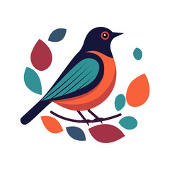 A colorful bird sits on a tree limb with colorful leaves isolated on white background using vector illustration art