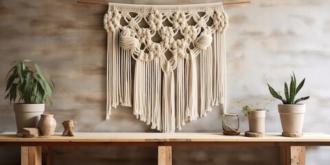 AI Generated. AI Generative. Hand made macrame art decoration at cozy home interior design. Graphic Art