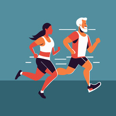 Fototapeta na wymiar A man and a woman in sportswear running or jogging. Happy man and woman training outside together. Sports activity, healthy lifestyle. Artistic vector illustration in flat cartoon style.