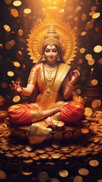 Tranquil Portrayal of Lakshmi, Hindu Goddess of Wealth, Seated on Lotus with Flowing Gold Coins. Generative ai