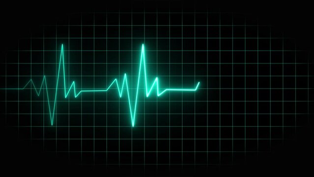 Neon glowing blue heart pulse. Heart beat rate. Colorful heartbeat rate and pulse on black grid screen, seamless and loop motion animate footage
