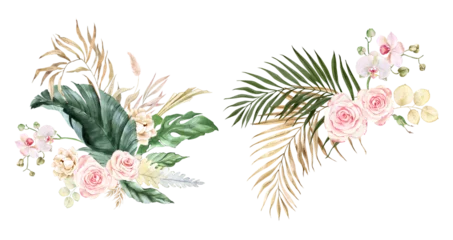 Tuinposter Watercolor tropical Green and beige palm leaves, summer clipart, floral bohemian bouquets with roses, monstera, green leaves and blush flower. For wedding stationary, greetings, wallpapers, fashion © Yevheniia Poli