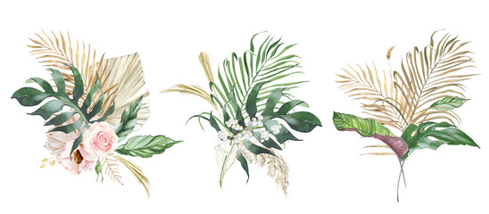 Watercolor tropical Green and beige palm leaves, summer clipart, floral bohemian bouquets with roses, monstera, green leaves and blush flower. For wedding stationary, greetings, wallpapers, fashion