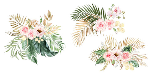 Watercolor tropical Green and beige palm leaves, summer clipart, floral bohemian bouquets with roses, monstera, green leaves and blush flower. For wedding stationary, greetings, wallpapers, fashion
