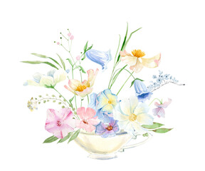 Summer wild grass, watercolor wild flowers isolated on white background, cute  tiny gentle flowers, watercolor wild flowers and leaves, flowers in tea cup, summer wedding and greeting illustration
