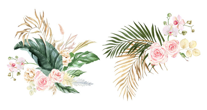 Watercolor tropical Green and beige palm leaves, summer clipart, floral bohemian bouquets with roses, monstera, green leaves and blush flower. For wedding stationary, greetings, wallpapers, fashion